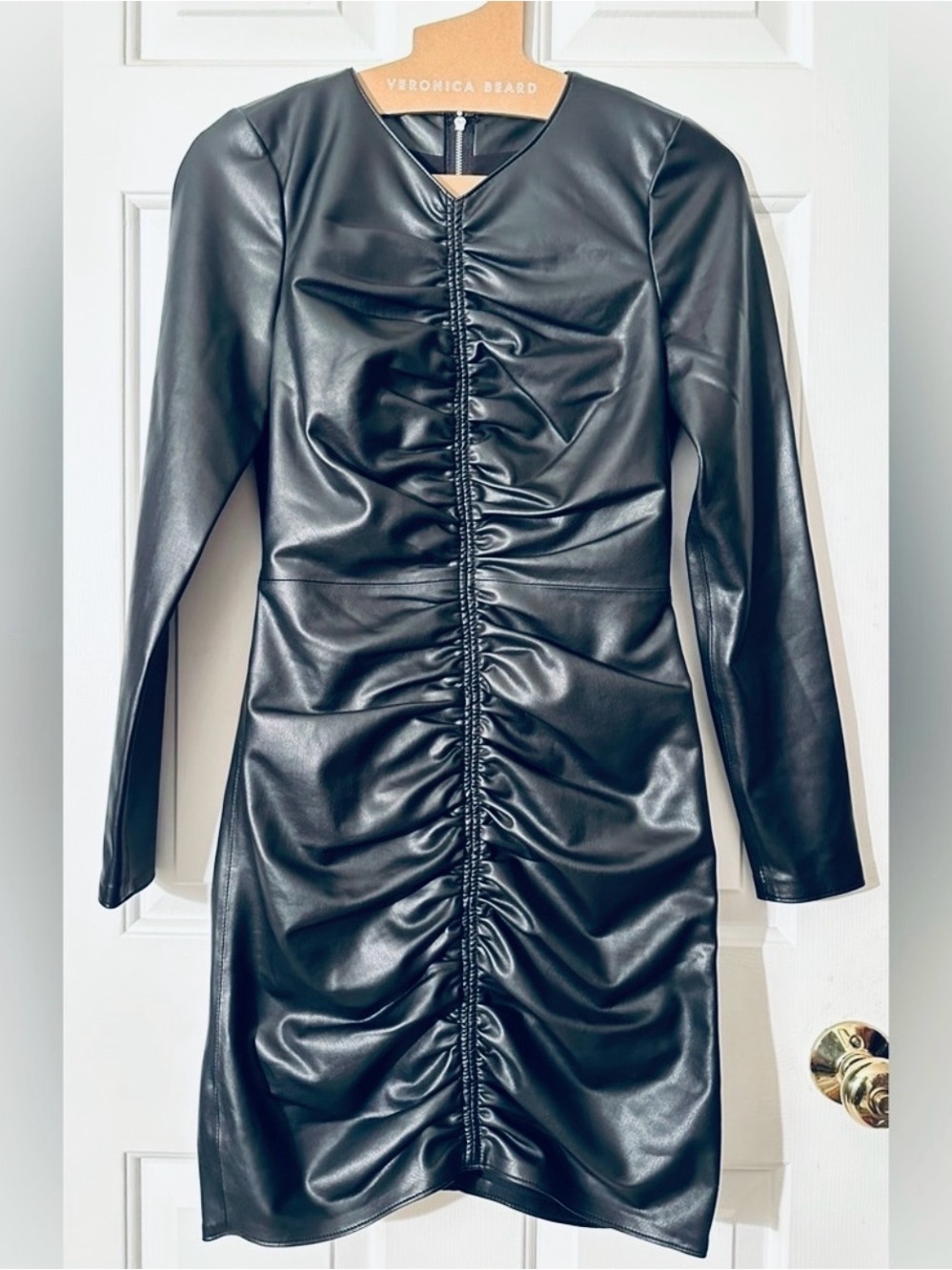 VERONICA BEARD Grunge Moto Indie Sleaze Faux Leather Ruched Mini Dress Black NEW - Picture 5 of 16